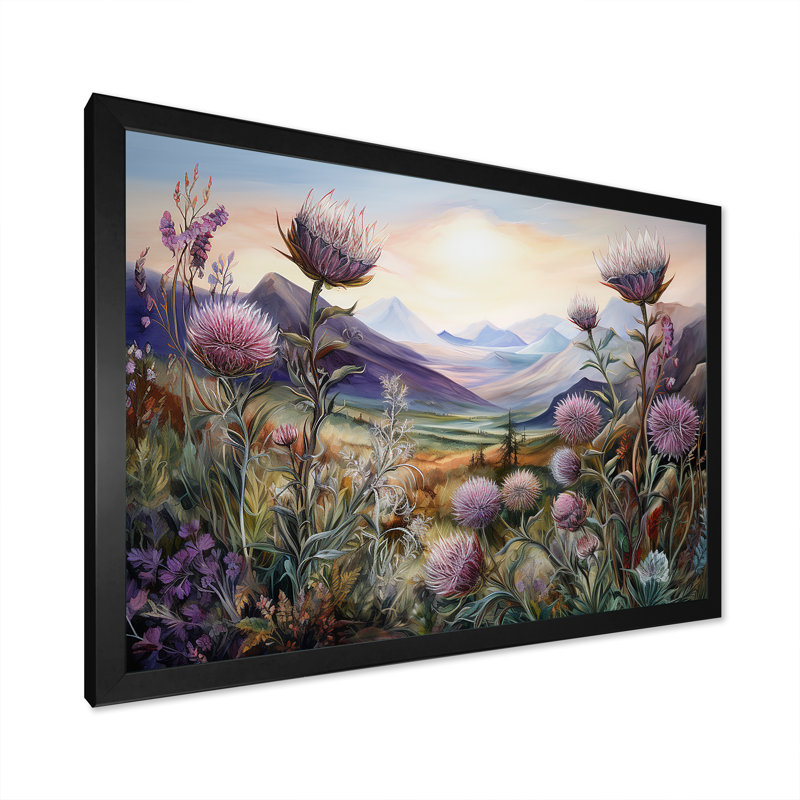 «Mauve chardon champ montagne breloque - chardon», art mural encadré, Cadre simple noir, H 16 po x l 32 po x P 1 po