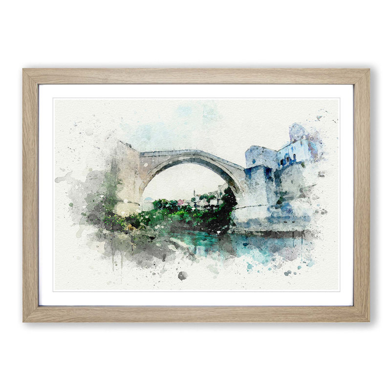 Stari Most Old Bridge in Abstract - Picture Frame Graphic Art Print, Oak Framed, 48cm H x 65cm W x 2cm D