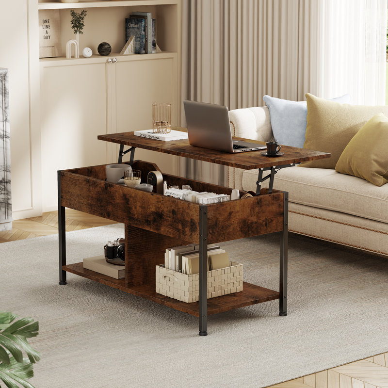 Lift Top Coffee Table with Wooden Lifting Tabletop, Featuring Storage Shelves and Compartments, Suitable for Living Rooms and Offices.