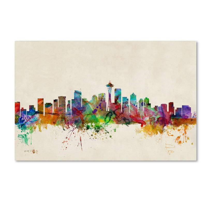 Seattle Washington Colorful Cityscape Canvas Art with Floater Frame