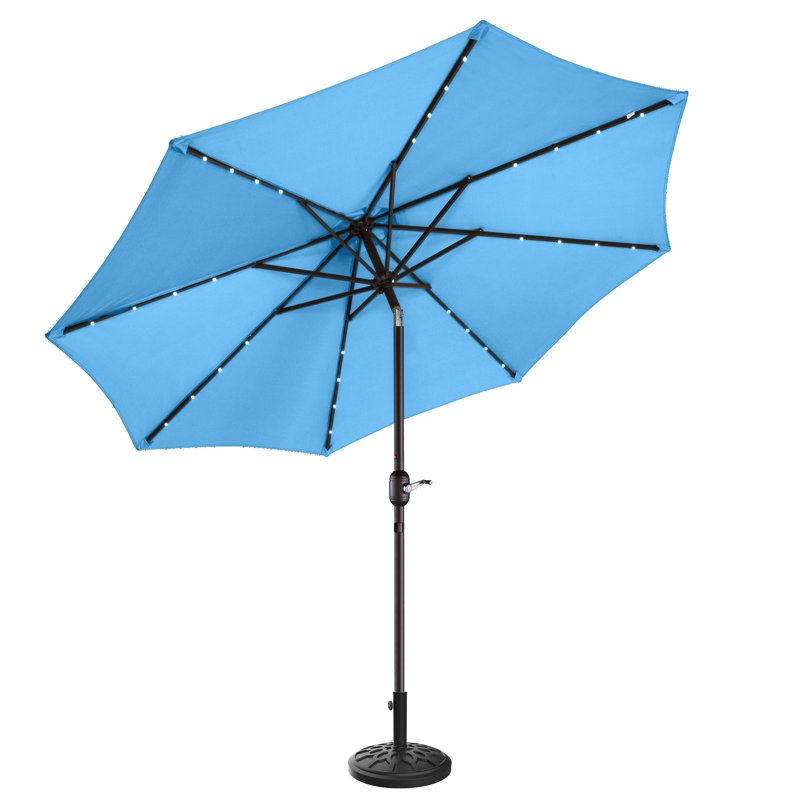 Parasol d'extérieur avec abat-jour lumineux 9 pi avec base lestée 19 lb, éclairage à DEL à énergie solaire et pavillon à bouton-poussoir inclinable de Villacera (bleu)