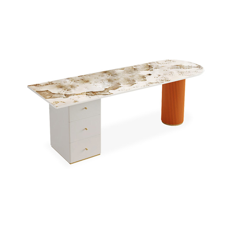 Bureau en bois manufacturé courbé orange avec 3 tiroirs, H 29,53 po x l 78,74 po x P 23,62 po, Blanc Pandora