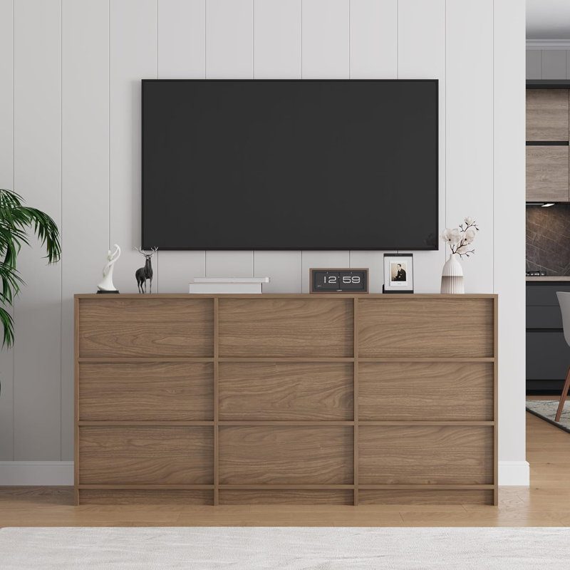 63" Wide 9-Drawer Dresser, Wooden Bedroom Storage Chest with Pull Handles, Beige