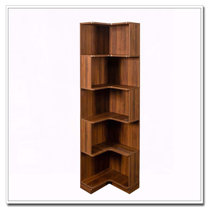 Bibliothèque d'angle avec 5 tablettes et lumières DEL, Noyer