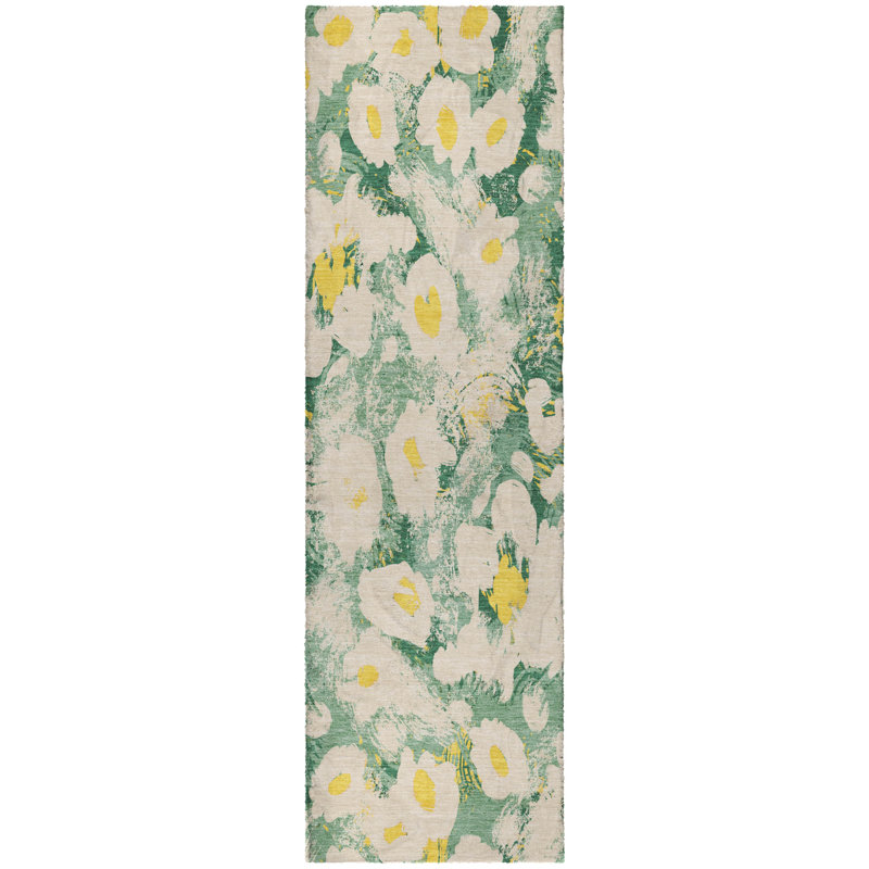 Premium Machine Washable Dream Shag ADS538 Floral Rug, Green, 2'3" x 7'6" Runner