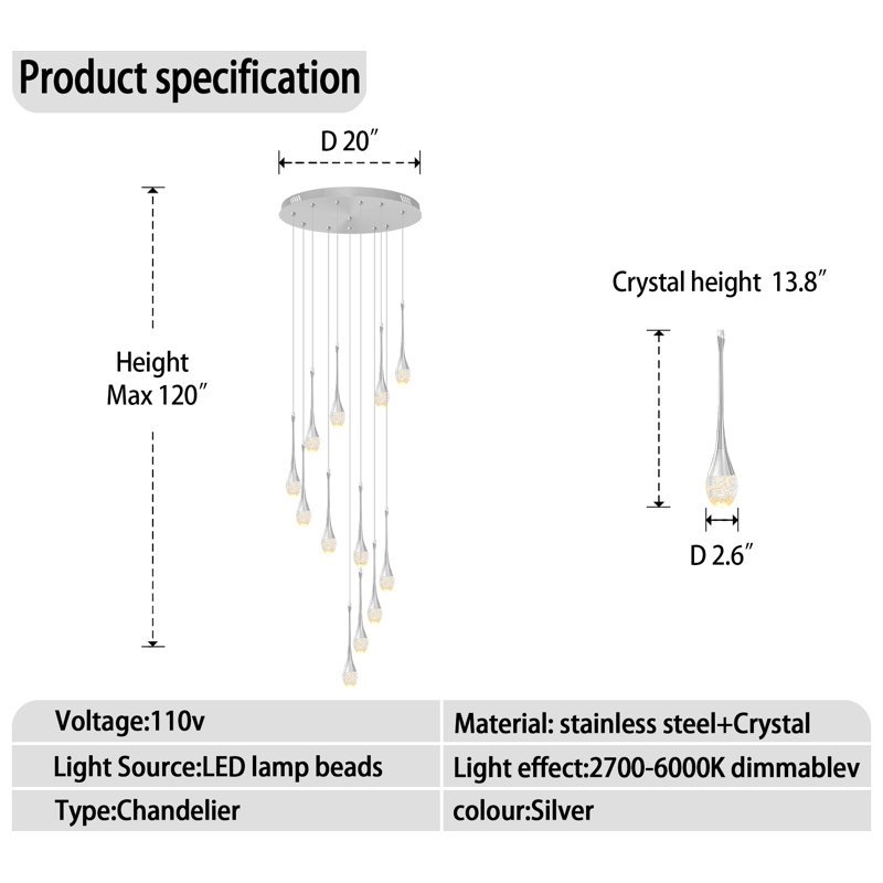 Natya 12 - Light Crystal Dimmable LED Teardrop Chandelier, Silver