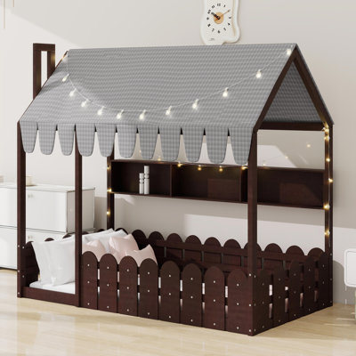 Système de lit complet Montessori avec clôture de protection, fixation de tente, éclairage et compartiments de rangement