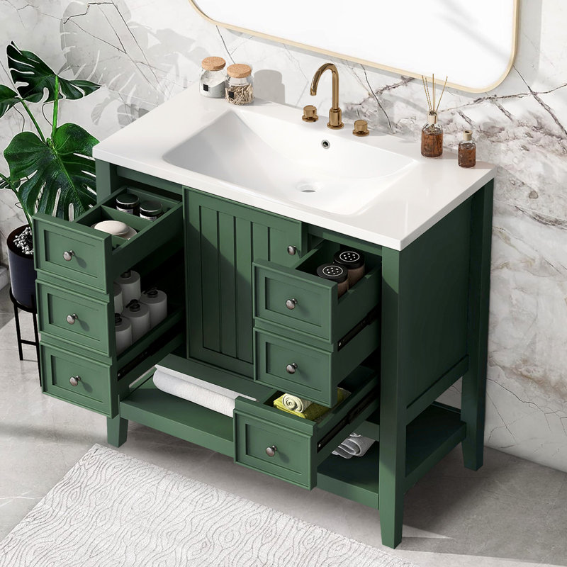 Ensemble de meuble-lavabo avec lavabo, une armoire et trois tiroirs, Vert