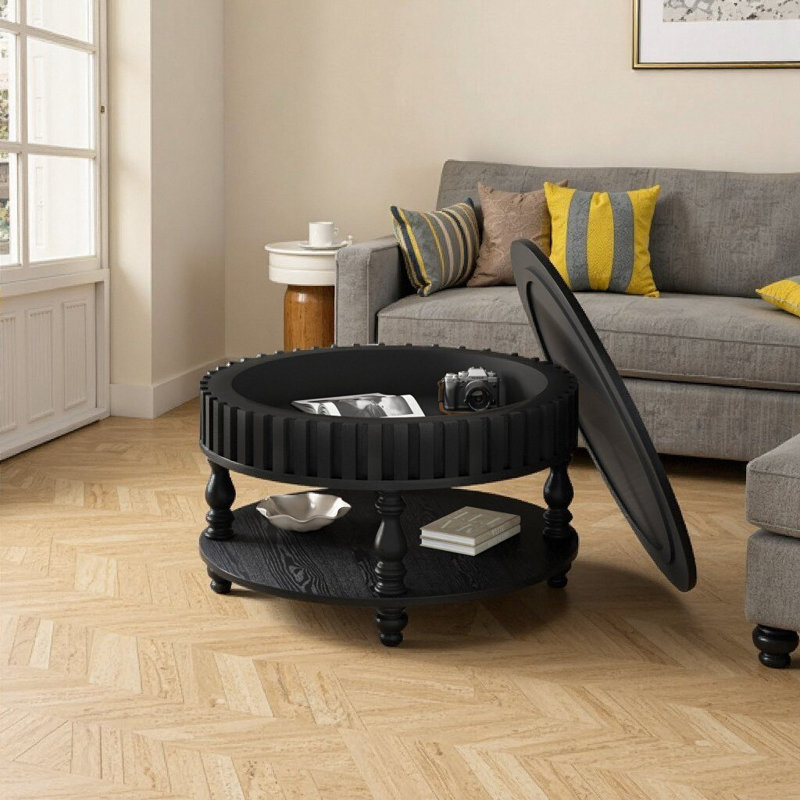 Table basse ronde moderne avec rangement rabattable et tablette ouverte, design Mid-Century noir pour les salons campagnards ou industriels