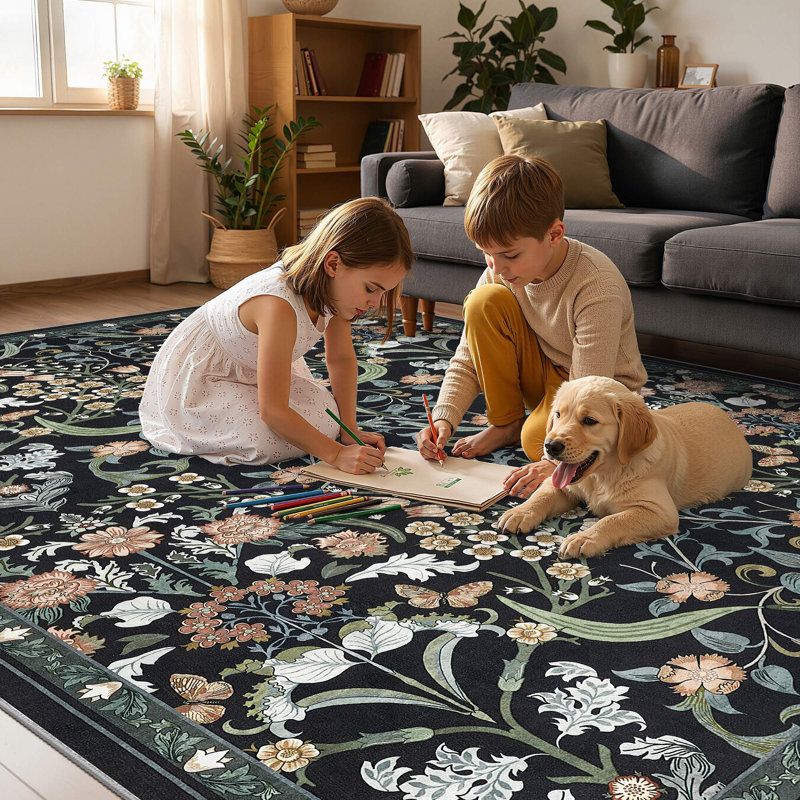 Farmhouse Floral  Area Rug Washable with Non-Slip for Playroom Living Room Bedroom -Black, Rectangle 5' x 7', Black