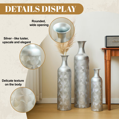Vases en métal argenté, ensemble de 3 vases de sol modernes à motif de vagues pour la décoration intérieure, grands vases à fleurs cylindriques pour le bureau du salon (32,68 po, 25,98 po, 19,69 po)