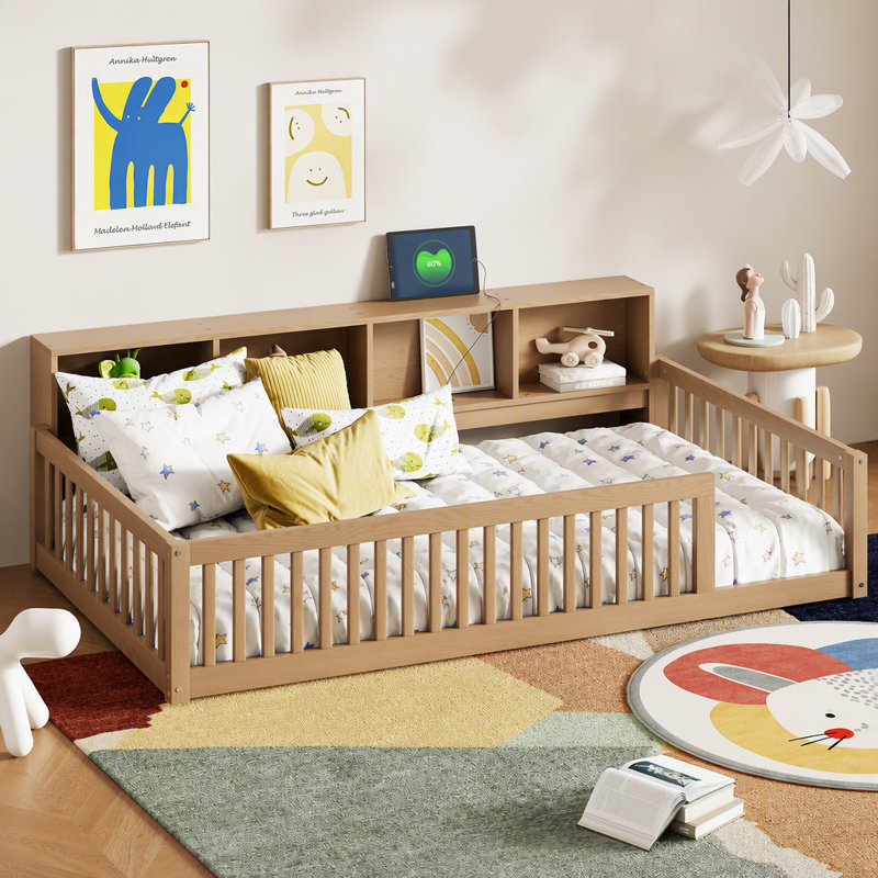 Lit en bois simple TG avec armoires de rangement et ports USB, brun, Brun