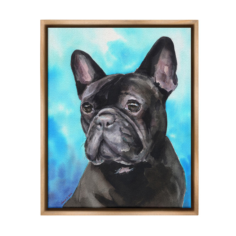 «French Bulldog On Blue» par George Dyachenko sur, Cadre flottant orme Montalcino, H 21 po x l 17 po