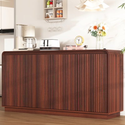 Contemporary 4-Door Fluted Walnut Entertainment Center With Power Outlet And 3 Adjustable Storage For Home Setup Media Display