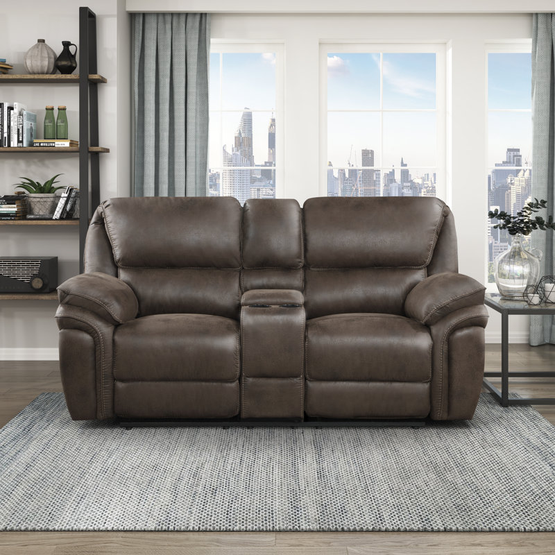 Delwayne 79.5" Modern & Contemporary Polished Microfiber Manual Double Reclining Loveseat with Center Console & Tab Pull Reclining Motion