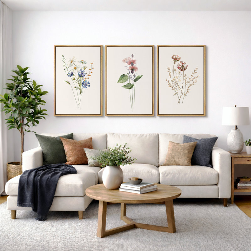 Minimal Botanical "Pastel Wild Flower Daisy Variety Artwork, Simple Neutral Floral Decor Wall Pictures, Framed Canvas Giclée Print 3 Pieces Wall Art" 16"x24"x3 pcs, 24"x36"x3 pcs