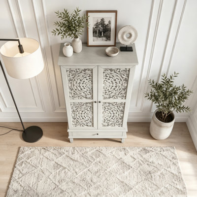 Rustic 55-Inch Tall Storage Cabinet with 2 Carved Doors and Drawer