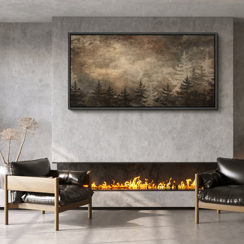 Rustic Forest Silhouette With Textured Sky Framed Canvas Master Bedroom Wall Art Work Print, Black, 30" H x 60" W x 1.5" D