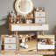 Ensemble de coiffeuse avec 3 miroirs lumineux réglables, 4 tiroirs et 3 tablettes ouvertes - Ensemble de coiffeuse pour petits espaces