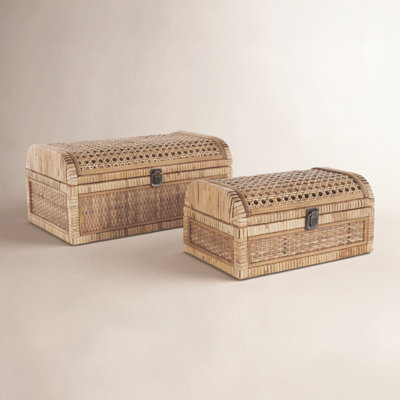 Carley Rattan Handmade Woven Storage Decorative Brown Box with Curved Tops and Wrapped Edges Set