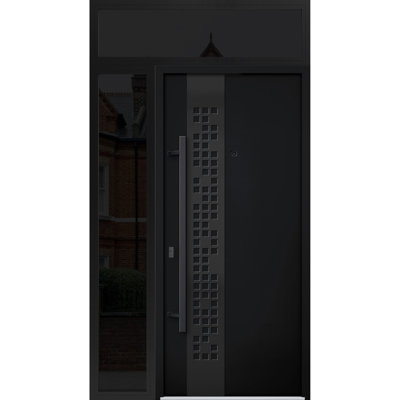 Porte d'entrée extérieure prémontée en acier Deux 6078, émail noir, fenêtre latérale et supérieure, imposte, métal peint, style moderne, largeur 36+16 po x hauteur 80+16 po, ouverture à droite vers l'intérieur