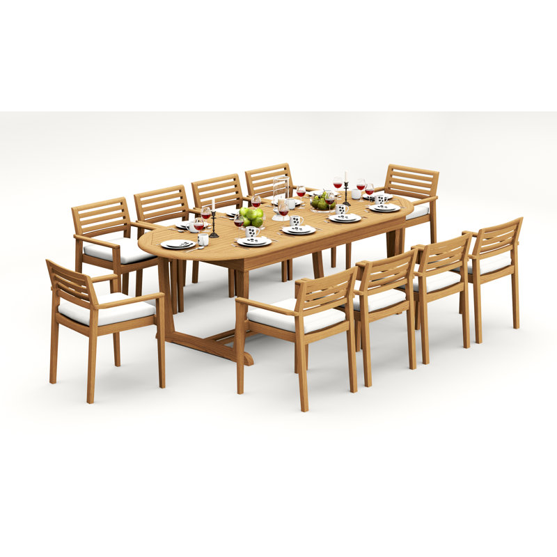 6 Seats 7 Pcs Grade-A Teak Wood Dining Set: 94" Mas Oval Trestle Leg Table And 6 Montana Stacking Arm Chairs #11MT2306, 10