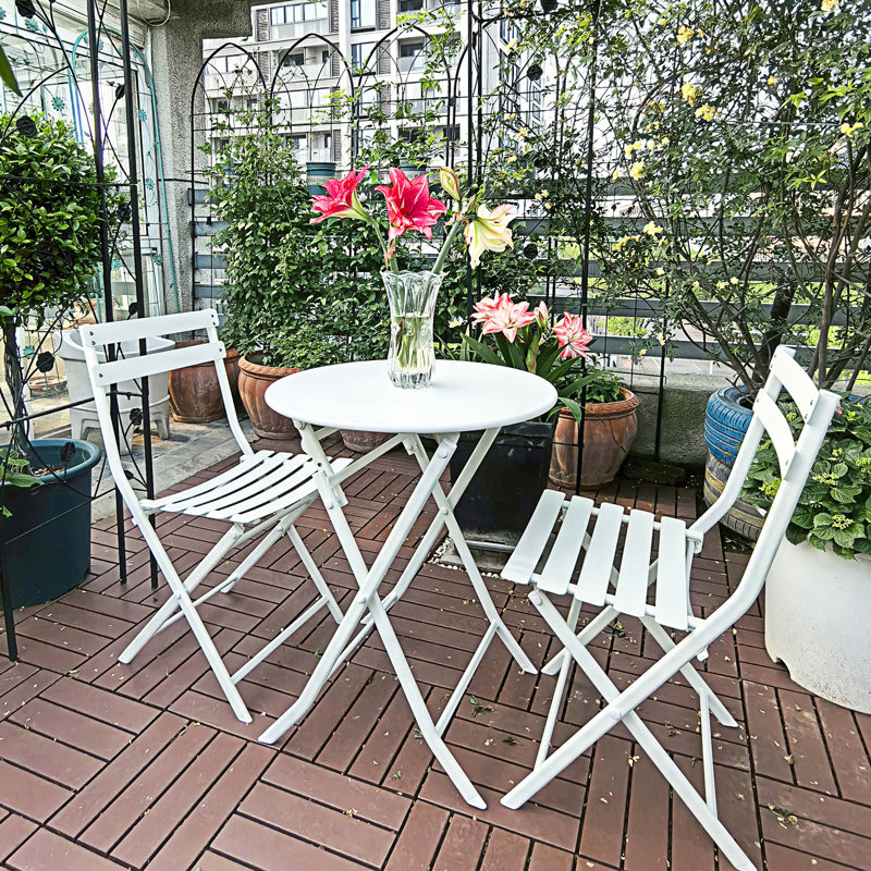 3 Piece Patio Bistro Set, Foldable Round Table And Chairs, White