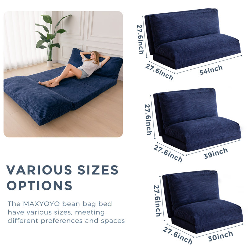 Canapé-lit Holly-Madison, Velours côtelé bleu marine , H 4,7 po x l 30 po x P 95 po
