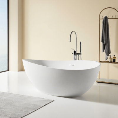 63" Freestanding Soaking Bathtub With Engineered Stone Resin, Matte White, Wide Inner Dimensions, - Stain Surface, Quick Drainage Resin Bathtub, Ergonomic Design, Long Lasting Warm, Efficient
