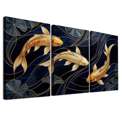 «Golden Koi Fish» et feuilles de lotus en verre coloré, ensemble de 3 toiles