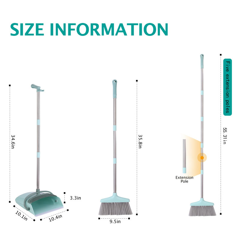 Bluish Green Stainless Steel Broom and Dustpan Set with Adjustable Handle