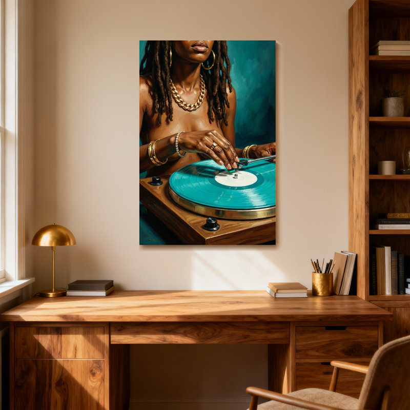 Femme à la mode avec des dreadlocks jouant du disque vinyle, H 40 po x l 28 po