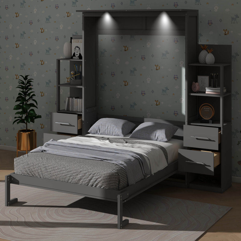 Lit escamotable mural polyvalent avec tablettes, tiroirs et éclairage DEL, Gris, Lit double
