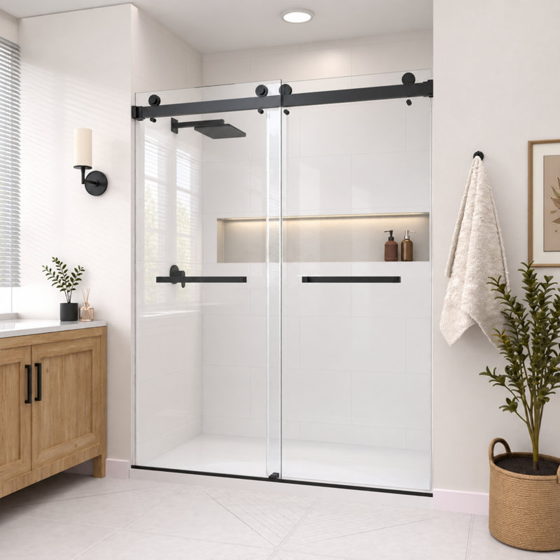 Porte de douche coulissante double sans cadre en noir mat avec verre transparent de 3/8 po de l 44 po x H 79 po Catalyst