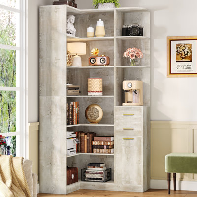 33" W X 76" H Corner Bookshelf With 2 Drawers, 7 Tiers L-Shaped Bookcase With 10 Open Storage Space, Modern Corner Storage Cabinet For Living Room, Ho