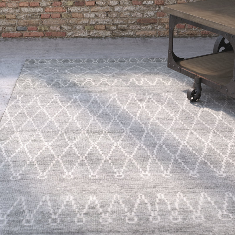 Tapis gris en soie noué à la main à motif géométrique, Rectangle 5 pi x 8 pi