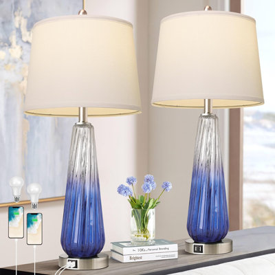 Set Of 2 Modern Glass Table Lamps With 3-Way Dimmable Touch Control, USB A+C Ports, And White Fabric Shade For Bedrooms And Living Rooms