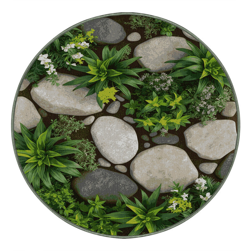 Machine Washable Nature Green Area Rug, Round 5'