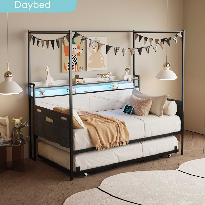 Daybed With Trundle, Metal Trundle Bed Version, Sofa Bed Frame Reinforced By Heavy-Duty Metal Slats, Equipped With Guardrail-Style Enclosures