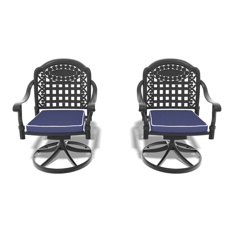 Cast Aluminum Patio Swivel Chair 2PCS With Black Frame And Blue Cushions, Blue