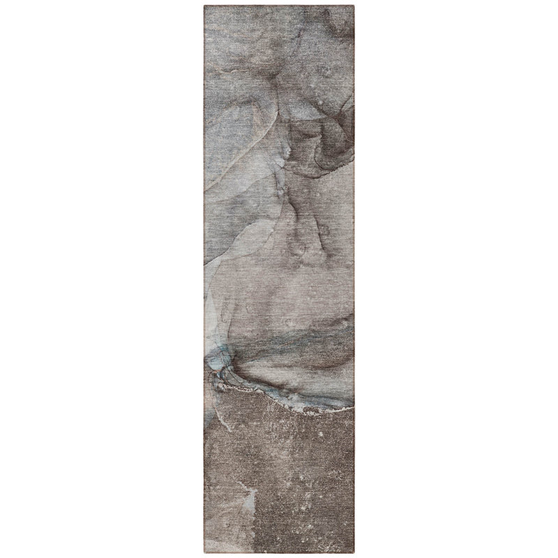 2' X 8' Taupe Abstract Washable Indoor Outdoor Runner Rug