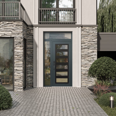 C9 50 po à droite X 96 po Panneau d'entrée en verre noir anthracite et anthracite à panneau avec porte d'entrée avant pré-montée en verre Sidelite et Transom