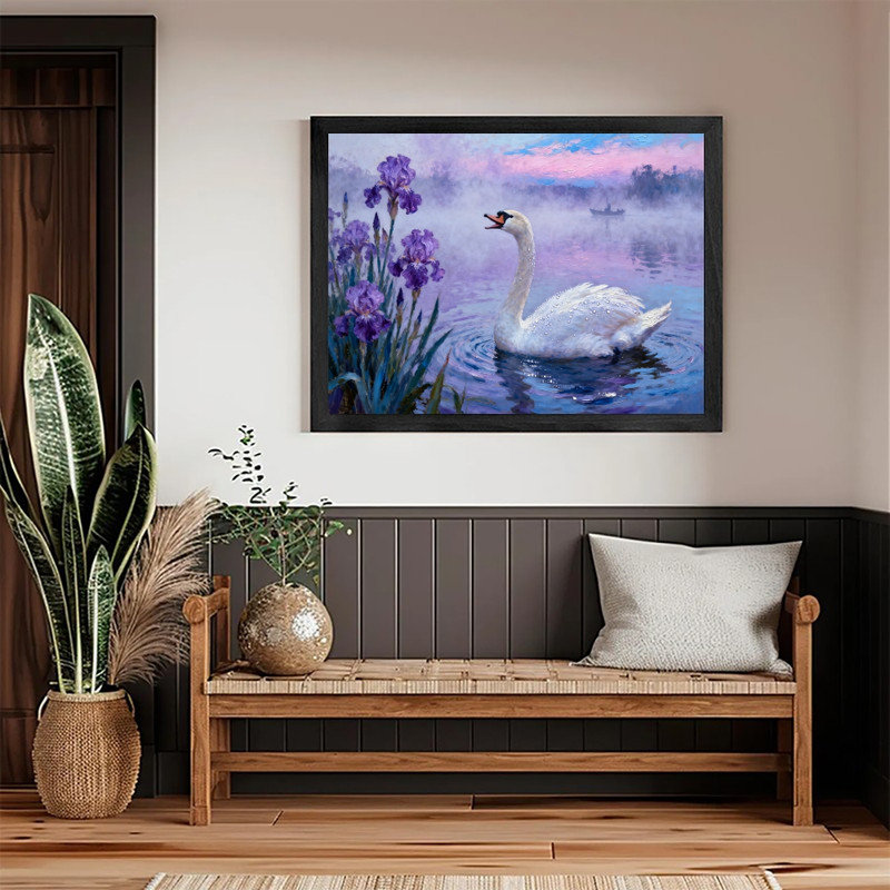 Art encadré noir, cygne et lac Misty, impression de paysage impressionniste, H 17 po x l 25 po