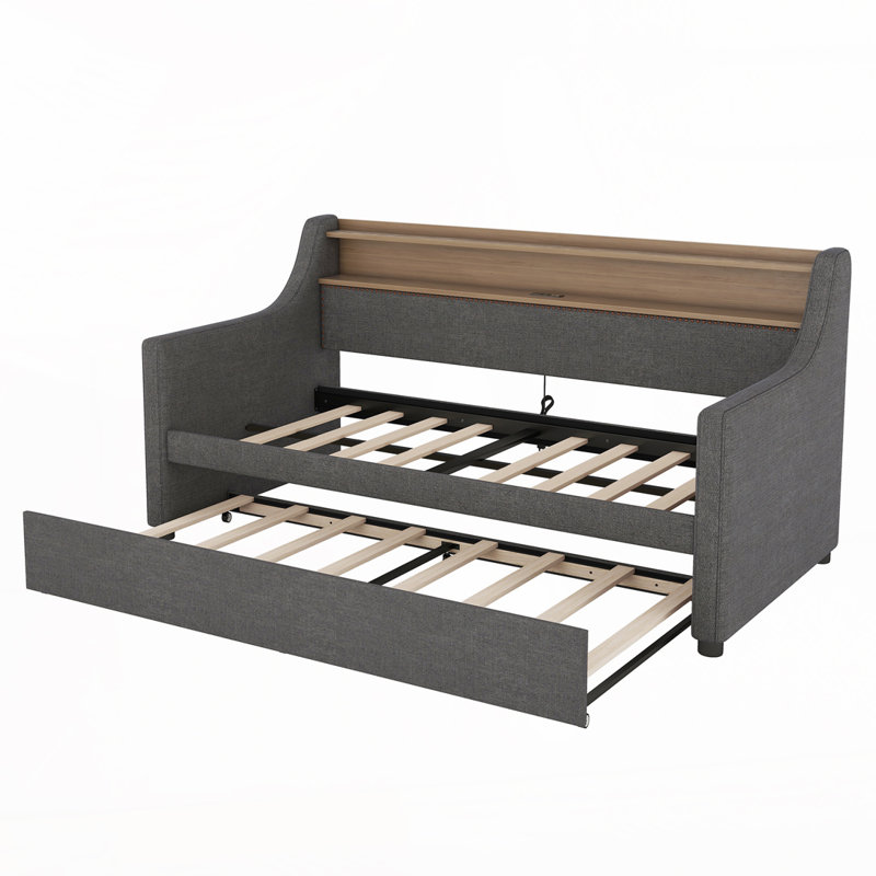Daybed with Trundle, Upholstered Daybed with Charging Station and LED Lights, Gray/Walnut