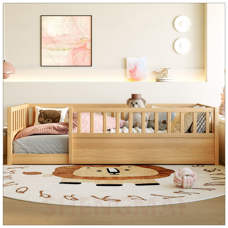 Lit simple Montessori avec garde-corps de sécurité, structure en bois à profil bas pour enfants, aucun sommier requis, idéal pour les chambres partagées