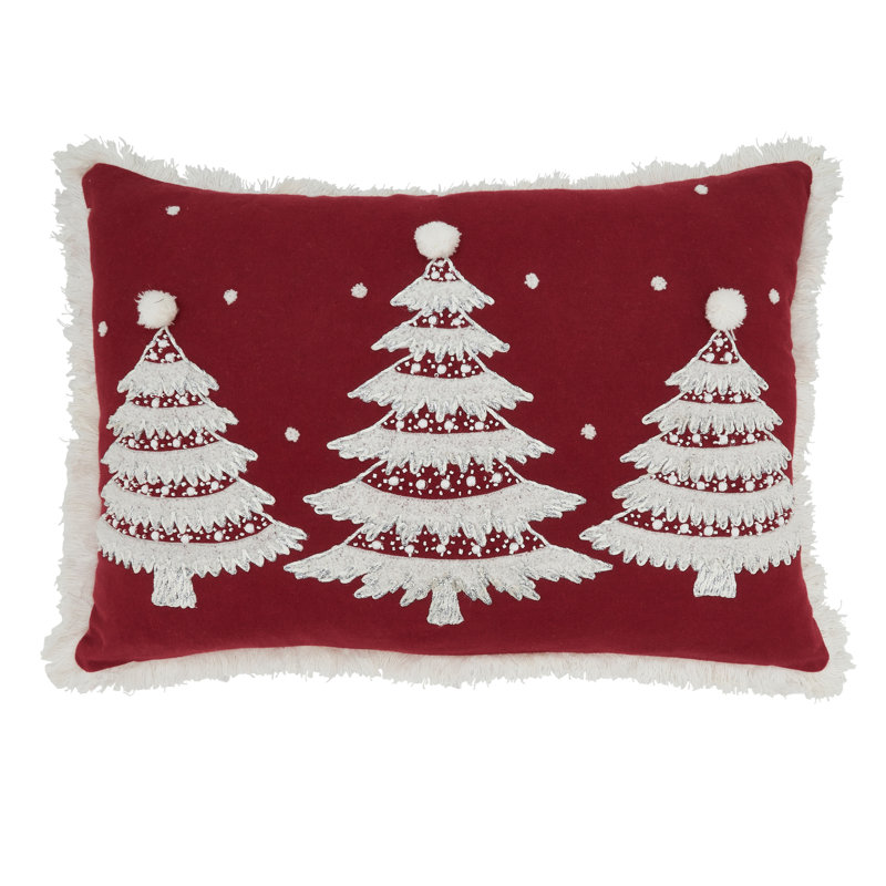 Holiday Charm Red Christmas Trees Fringed Throw Pillow