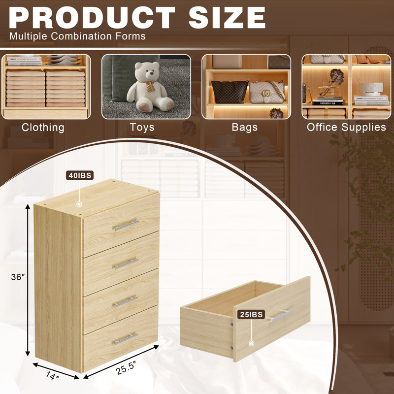 Système d'organisation à 4 tiroirs, Bois, H 36 po x l 25,5 po x P 14 po
