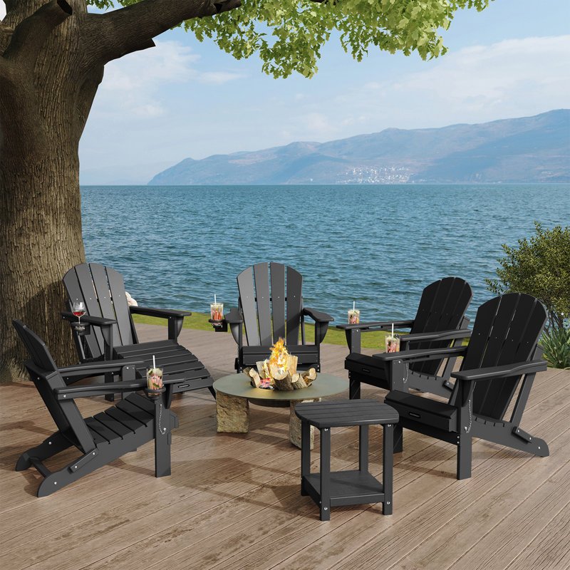 HDPE Outdoor Adirondack Foldable Chair Set Fire Pit Chair with Cup Holder, Black