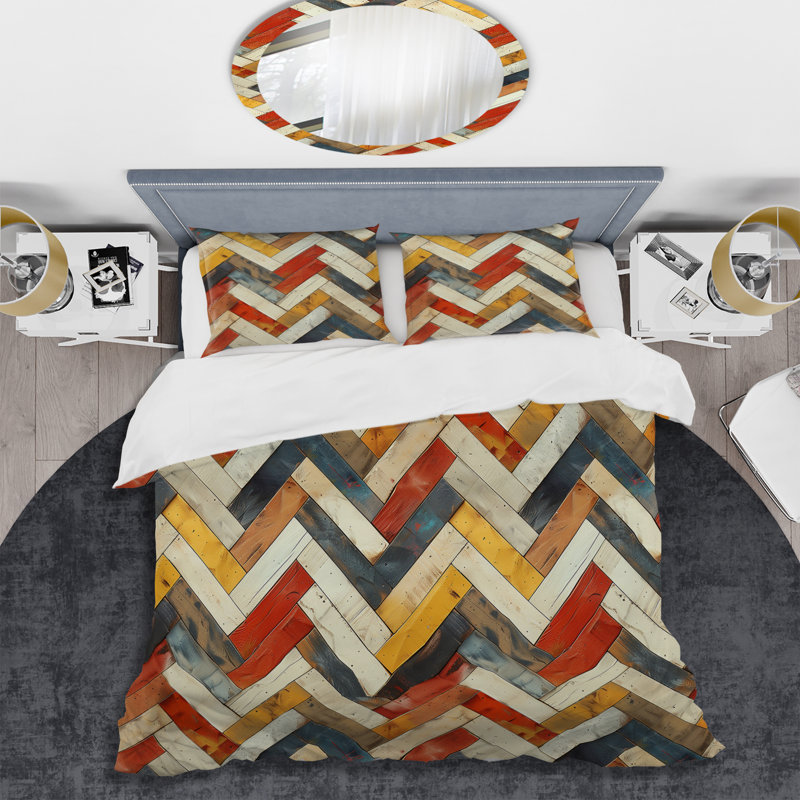 Ensemble de housse de couette à chevrons orange et beige, Housse de couette très grand + 2 taies décorativ