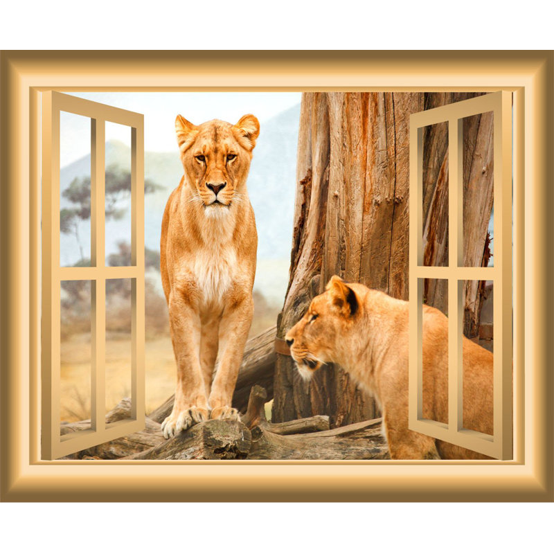 Décalcomanie murale fenêtre animal 3d lioness, H 18 po x l 22 po x P 0,01 po, Or